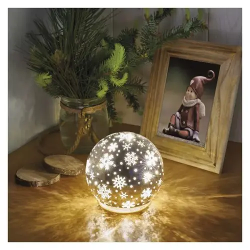 dekorace LED vánoční skleněná koule – vločky, 12 cm, 3x AA, vnitřní, teplá bílá, časovač EMOS DCLW28