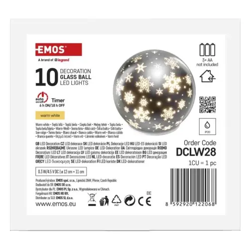 dekorace LED vánoční skleněná koule – vločky, 12 cm, 3x AA, vnitřní, teplá bílá, časovač EMOS DCLW28