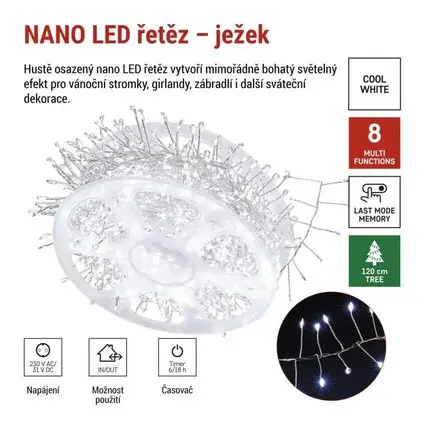 řetěz nano LED na cívce, stříbrný, 9,6 m, venkovní i vnitřní, studená bílá, časovač EMOS D3FC02