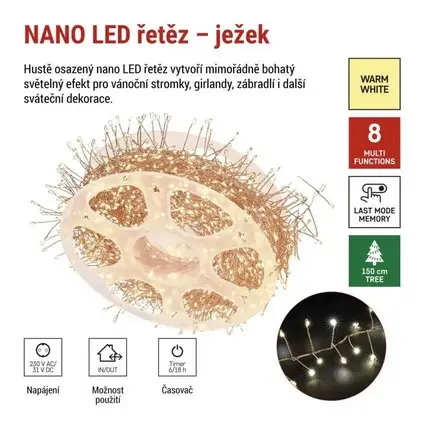 řetěz nano LED na cívce, měděný, 14,4 m, venkovní i vnitřní, teplá bílá, časovač EMOS D3FW03